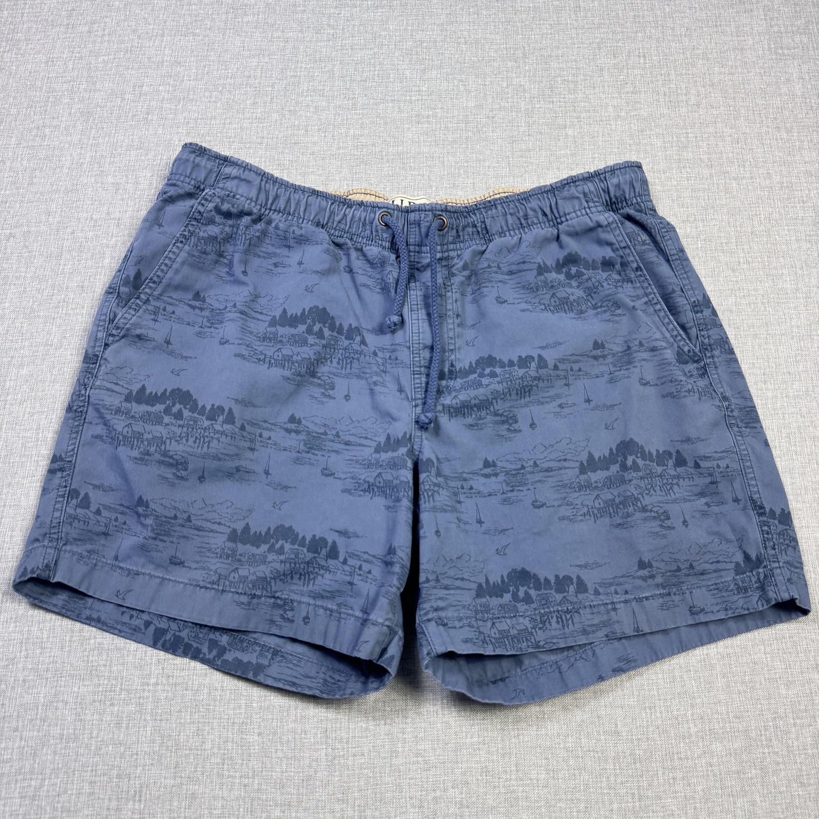 L.L. Bean Dock Shorts Mens 37 Blue Cotton Drawstring Lake Cabin Print 6" Inseam